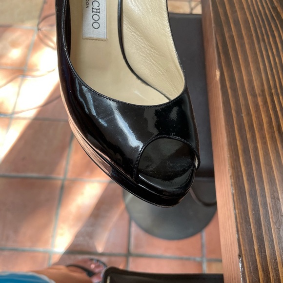 Jimmy Choo Nova Black Patent Peep Toe Platform Slingback 100mm Pumps 38 1/2 - Picture 14 of 16